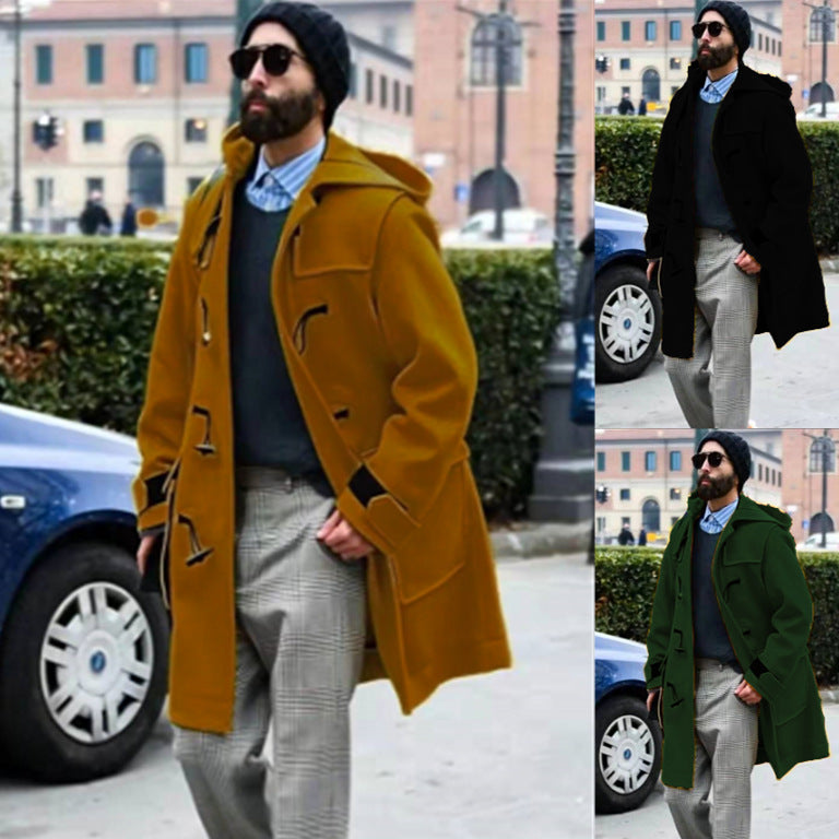 Retro Horn Button Hooded Woolen Trench Coat Men